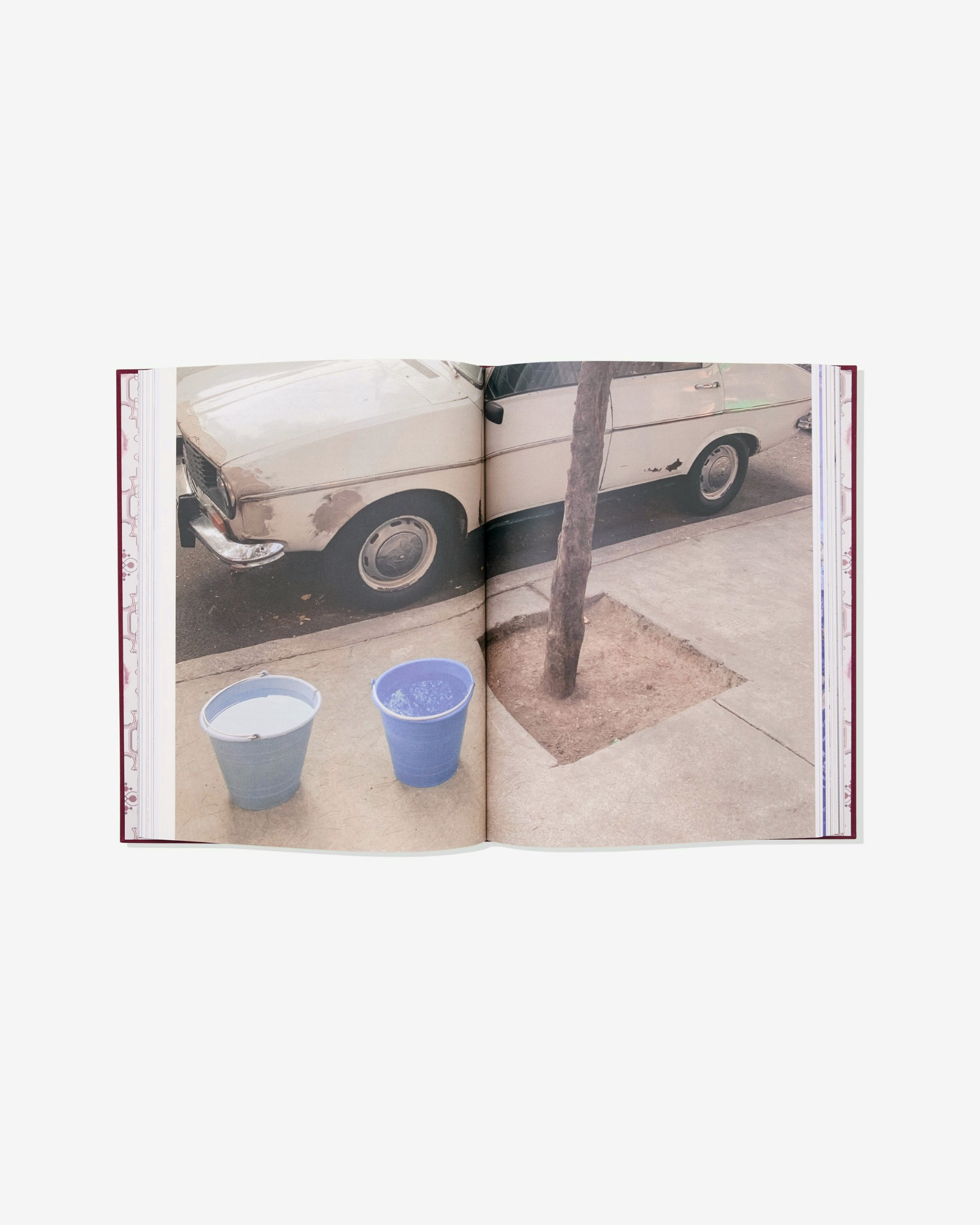 Open book showing a photograph of a white car, a tree and water buckets.