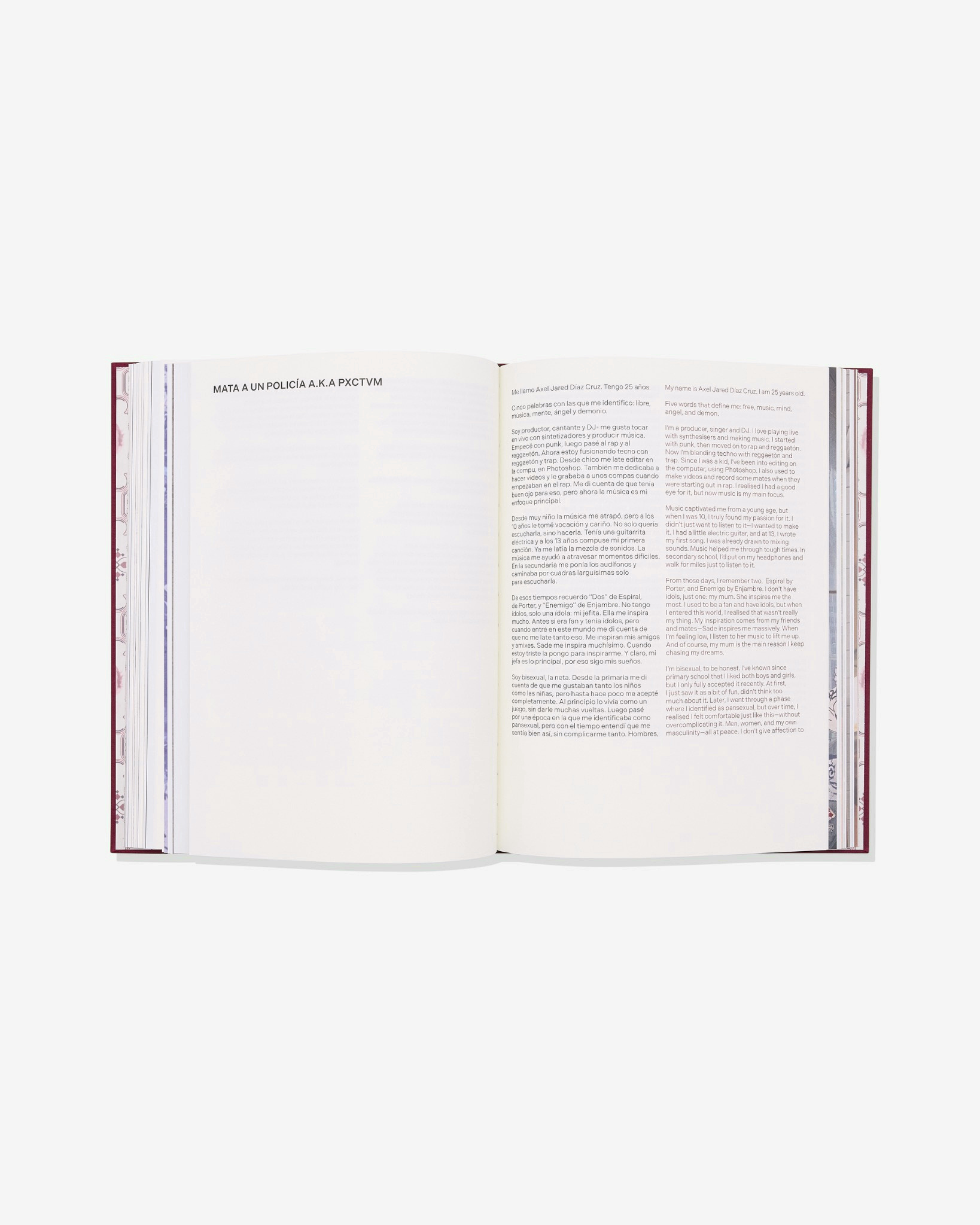 Open book showing a bilingual Spanish and English voice spread.