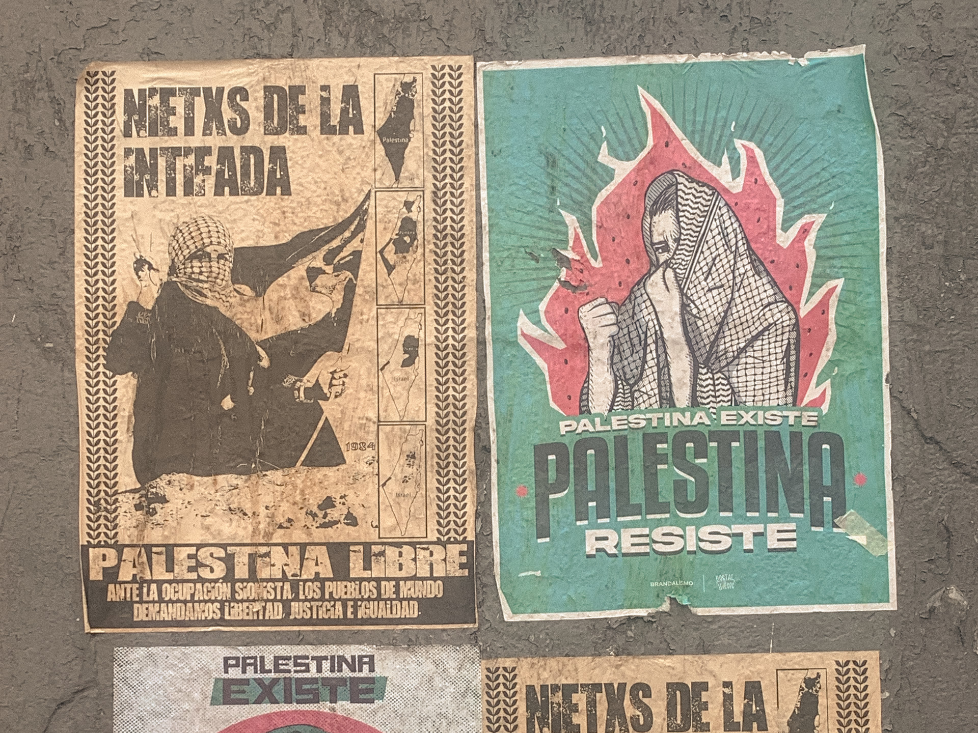 Layered posters in support of Palestine pasted onto a wall, Mexico City, 2024.
