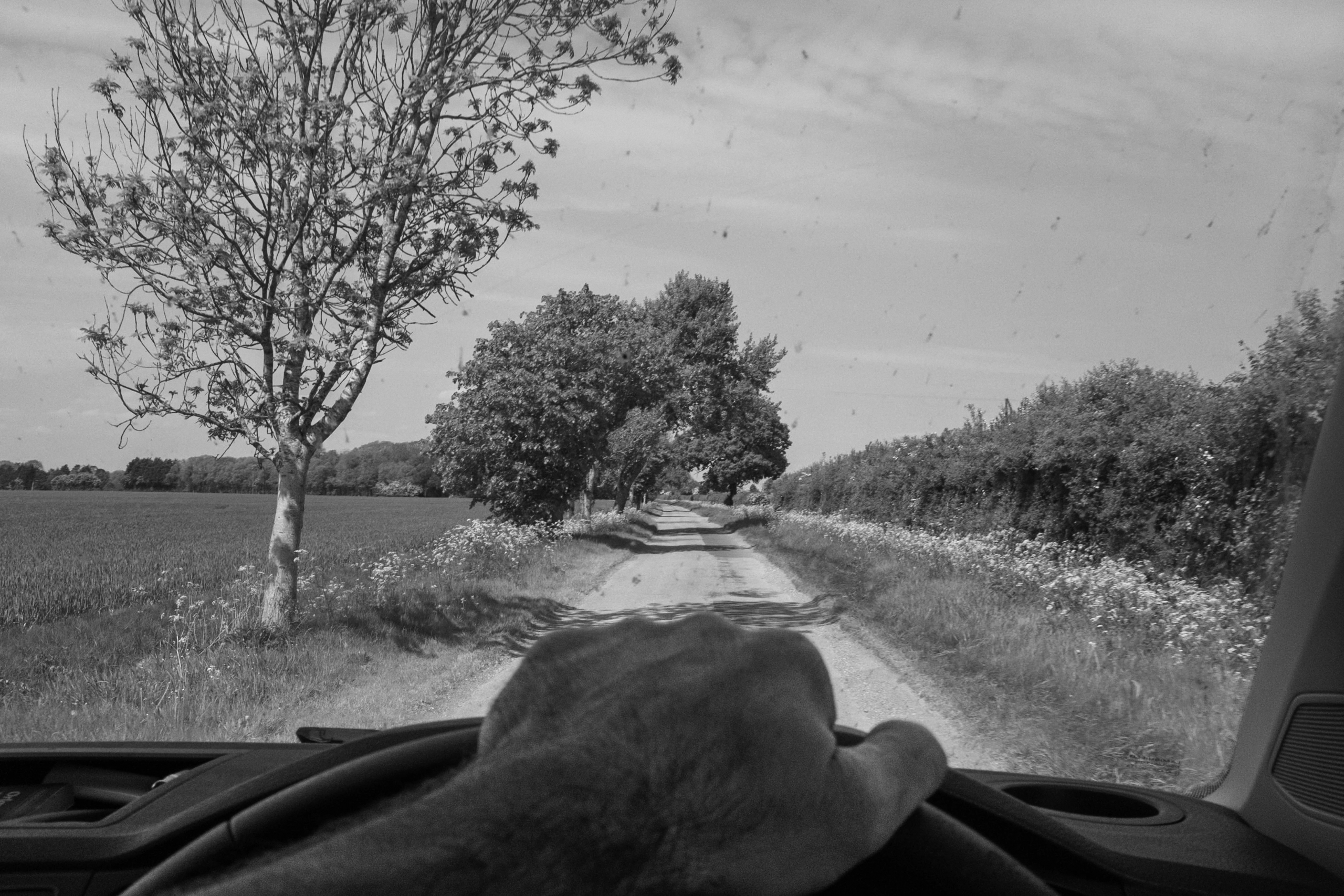 Black-and-white photograph: a hand on the steering wheel, with a country road ahead.