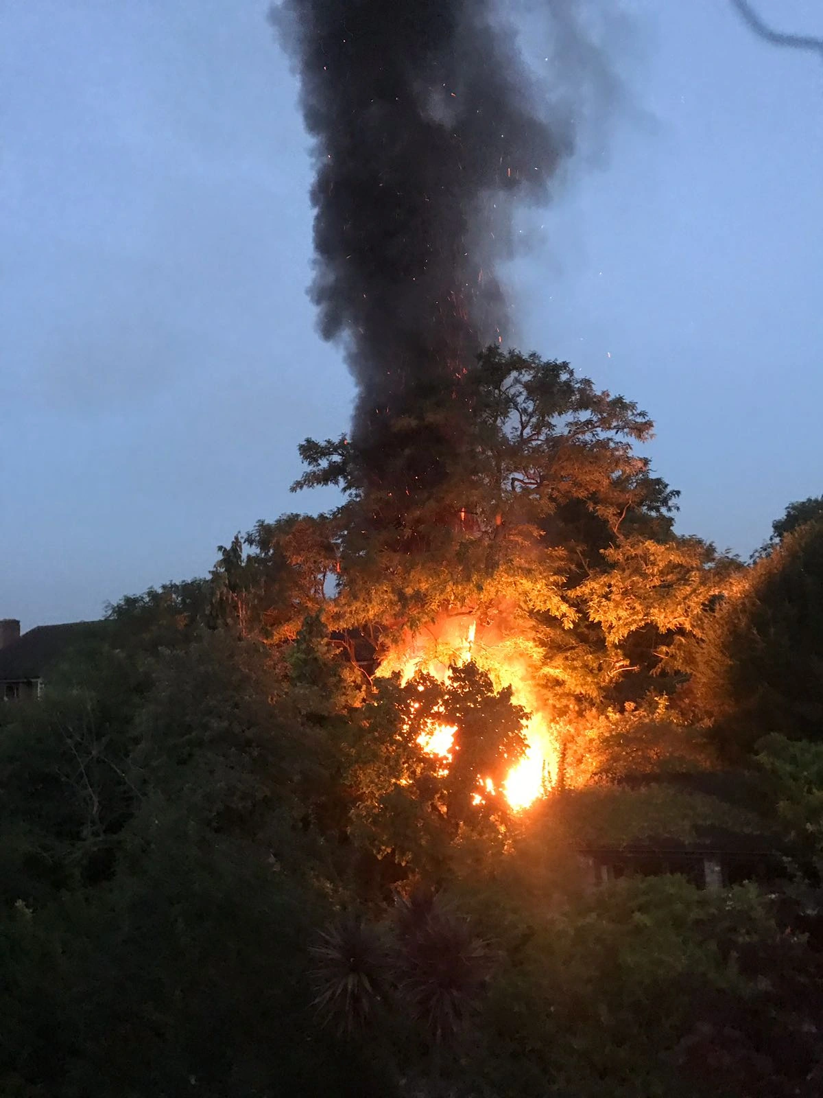 Fire and rising smoke.
