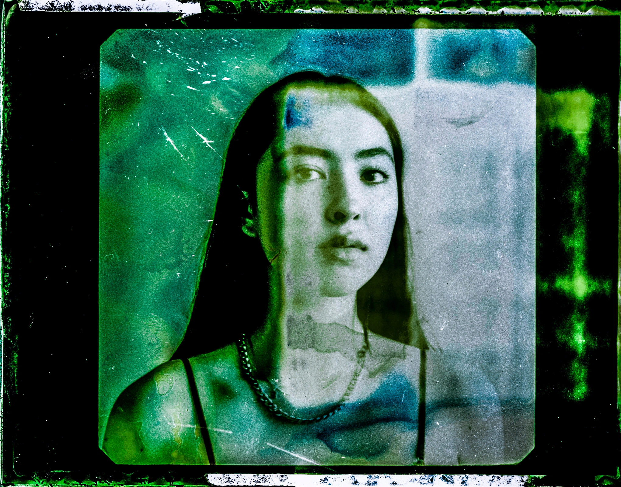 Green-toned portrait print.