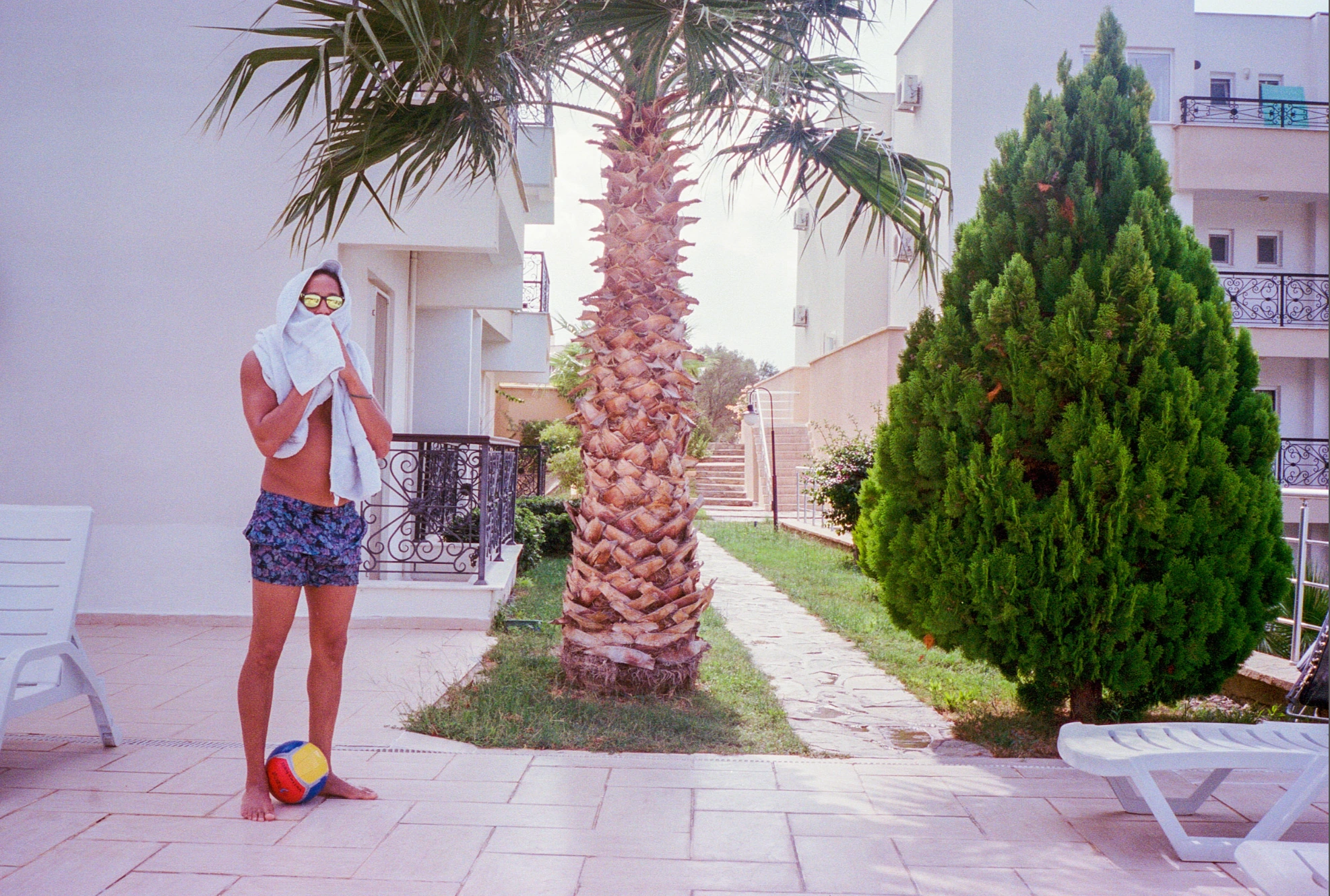 Person beside palm tree and pool.